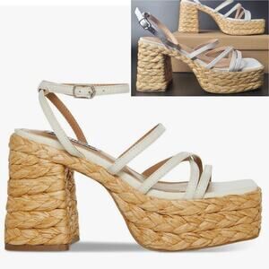 Steve Madden Belise 11 White Leather Strappy Raffia Espadrille Chunky Heels‎ NWB
